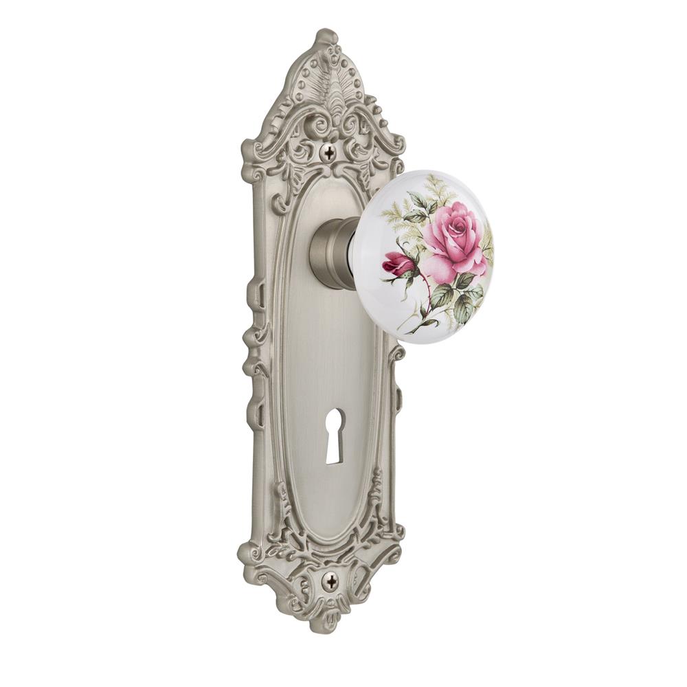 Nostalgic Warehouse VICROS Privacy Knob Victorian Plate with Rose Porcelain Knob with keyhole in Satin Nickel